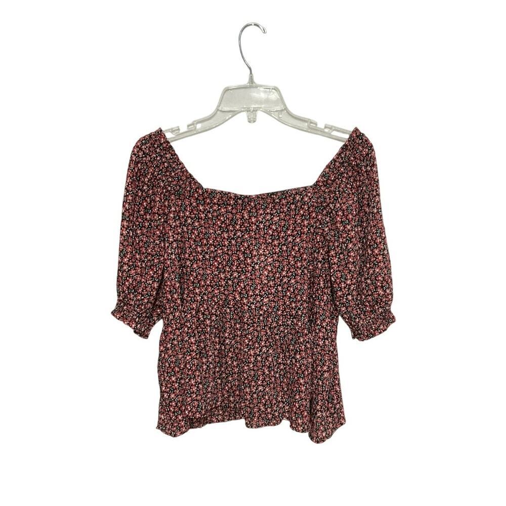 NWT LOFT Smocked Peplum Blouse Square Neck Floral Elastic Sleeves Size Medium - Picture 2 of 8